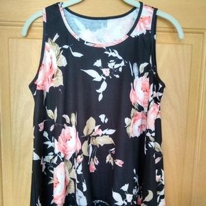 Womens Lace Trim Round-Neck Tunic Sleeveless Top Loose Fit Black Floral Dis Ship